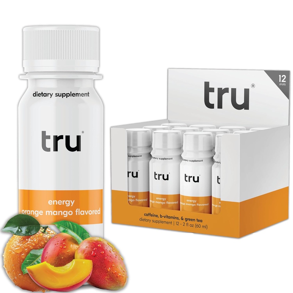 Tru Energy Shot, Bebida energética de força extra com cafeína natural, Chá verde, B Vitaminas B3, B6 & Vitamina B12, Zero Açúcar & Calorias, Keto, Vegan, Gluten Free, Mango laranja, 2 garrafas de OZ FL, 12 Pack