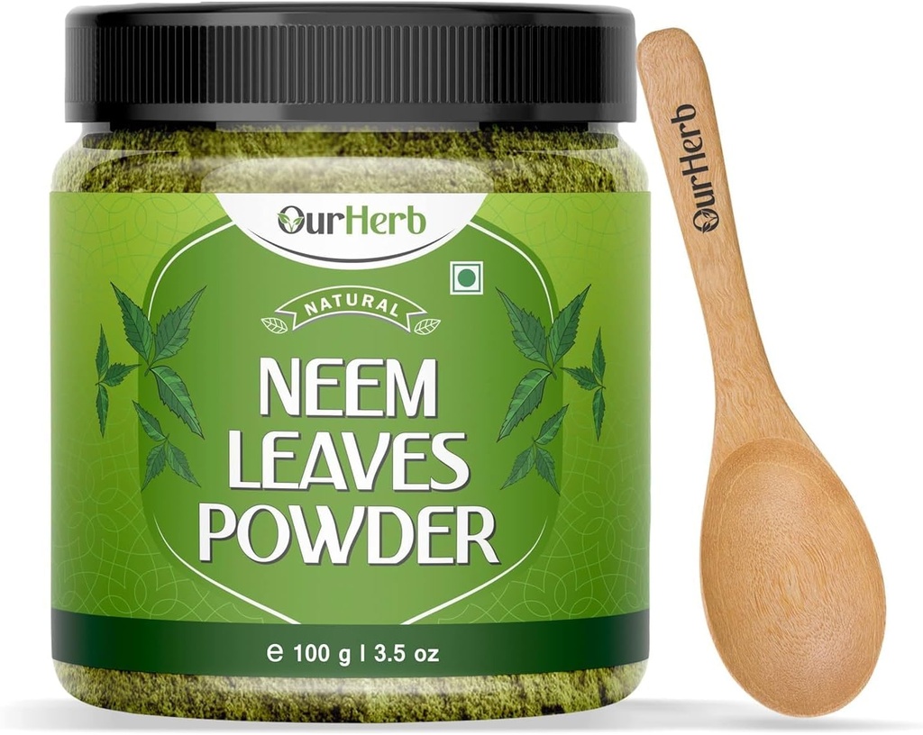 Neem deixa solução natural em pó para pele clara sem espinha e cabelo sedoso, ideal para embalagens de rosto, cuidados com o cabelo, e suporte de pigmentação com colher de madeira – 100g 3.5 Oz