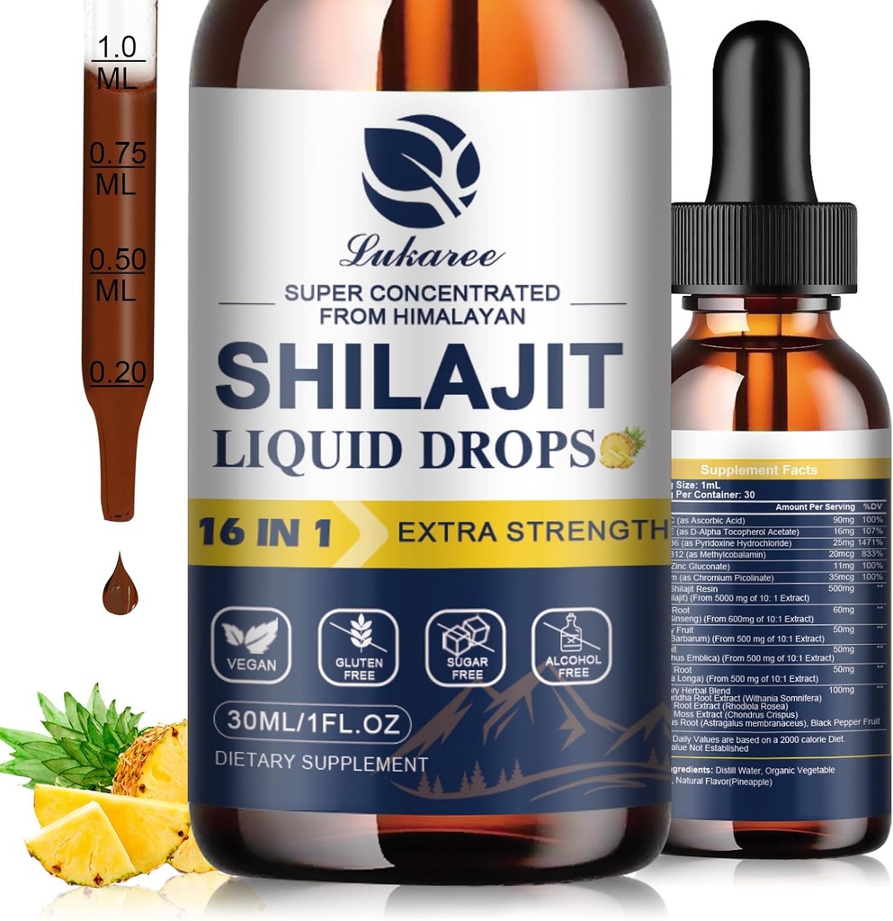 16 em 1 Shilajit Resin Liquid Drop, Shilajit W / Ginseng, Açafrão, Rhodiola, Wolfberry, Amla & Vitaminas, Suplemento Shilajit para homens e mulheres com 85+ Rastro Mineral & Ácido Fulvico, 1 Fl Oz