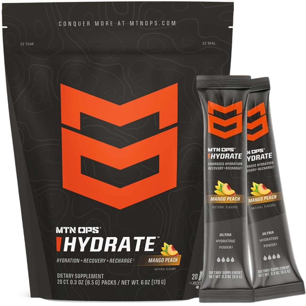 MTN OPS Hydrate Electrolytes Powder Drink Mix, 20 Pacotes de Eletrolíticos de serviço único com mais de 1000mg de Eletrolitos por serviço, Mango Peach