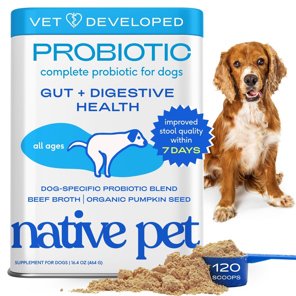 Probióticos de animais de estimação nativos para cães - Pó de probióticos de cães para a saúde digestiva, suporte de gut, & Imune Boost - Pó de veterinário formulada para máxima potência com enzimas digestivas e prebióticos - 120 Scoops