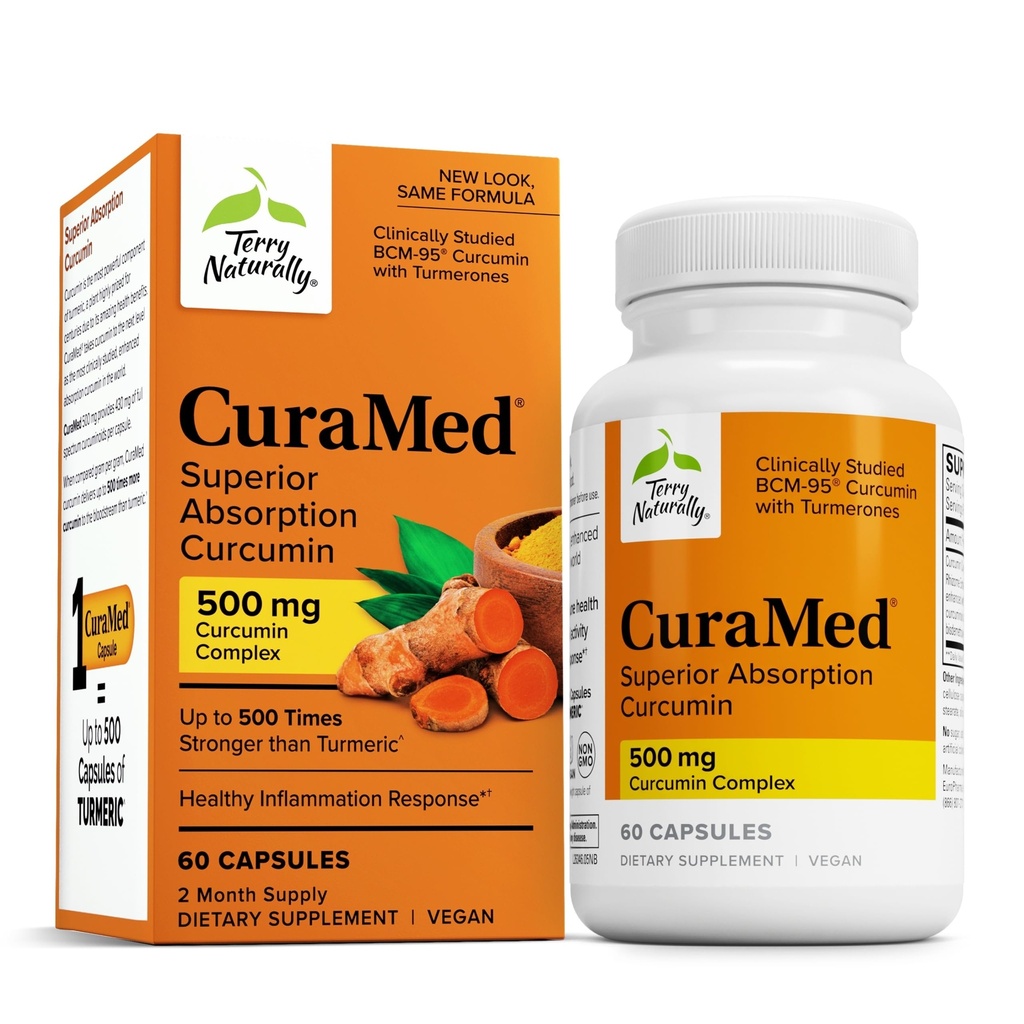 Terry Naturalmente CuraMed 500mg - Suplemento antioxidante para apoio à saúde do cérebro e imune - Suplemento com curcumina e óleo essencial açafrão - Suporte de fígado de ervas - 60 Softgels