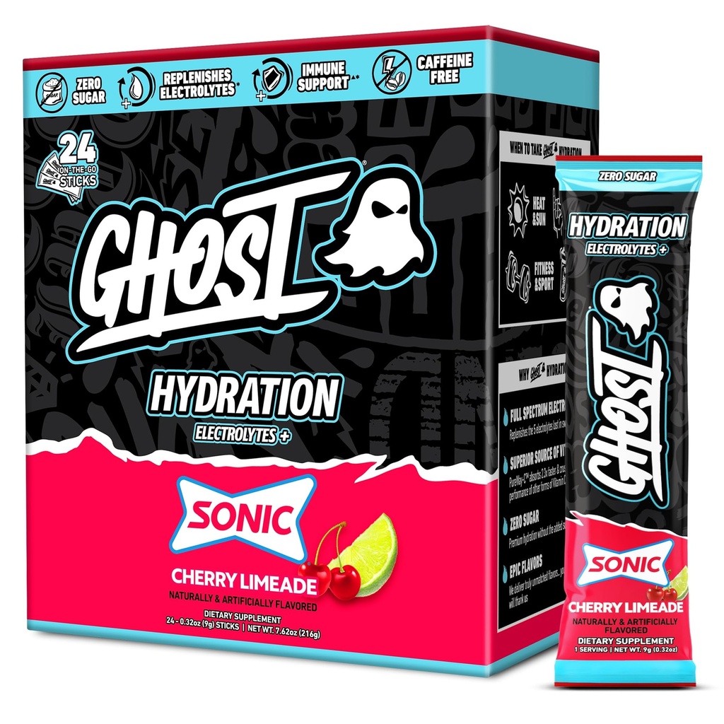 Pacotes de Hidratação GHOST, Limeada de cereja Sonic, 24 Varetas, Pó de Eletrolítico - Beber Suplemento Mix com Magnésio, Potássio, Cálcio, Vitamina C - Vegan Friendly, Livre de Soja, Açúcar & Glúten