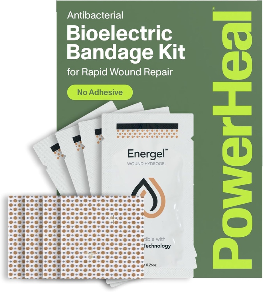 Kit de bandagem bioelétrica PowerHeal para cuidados de feridas e cura – única camada sem adesivo inclui hidrogel de ferida, pode ser cortado para caber – para cortes, abrasões, bolhas, queimaduras – 4-Pack, 2” x 2”