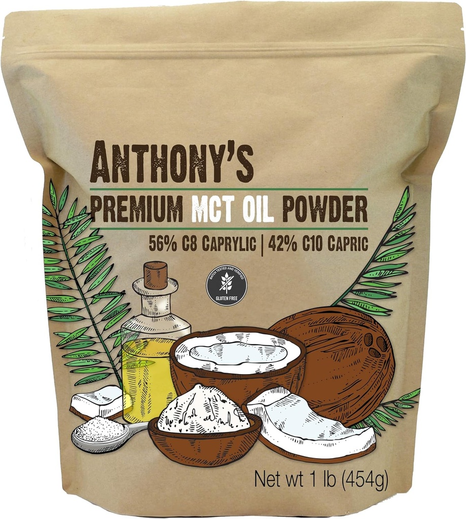 Pó de óleo MCT Premium de Anthony 56% C8 Caprylic, 42% C10 Capric, 1 lb, Gluten Free, Não OGM, Keto Friendly