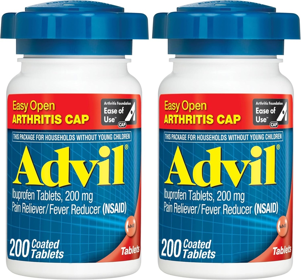 Advil Reliever Dor e Redutor de Febre, remédio de alívio da dor com Ibuprofeno 200mg para dor articular, dor muscular e artrite menor alívio da dor - 200 comprimidos revestidos com fácil abertura Artrite Cap