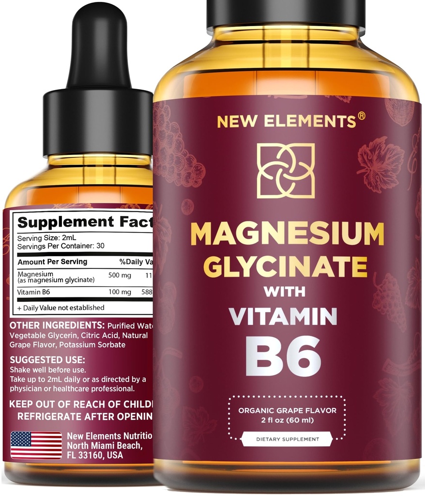 Glicenato de magnésio líquido gotas com vitamina B6 - Suplemento de magnésio 500mg & vitamina B6 100mg □ Não-Gluten Não-Gluten Não-Gluten Relívio de Stress