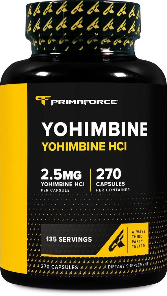 PrimaForce Yohimbine HCl 2,5mg, 270 cápsulas - Suplemento Premium, Boosts Performance, preenchimentos zero, sem OGM e sem glúten