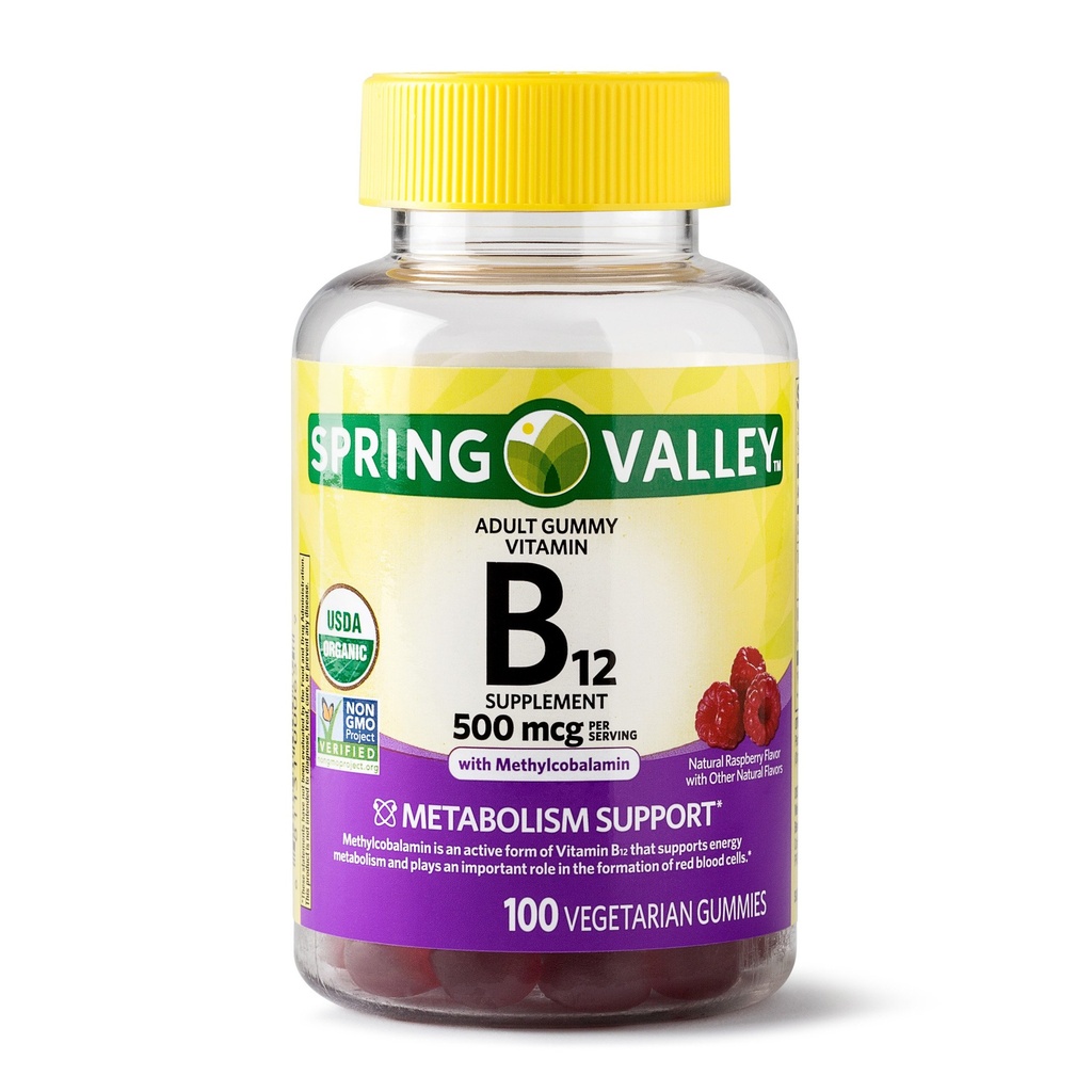 Vitamina B12 do Gummy adulto de Spring Valley, apoio ao metabolismo, sabor de fruta natural, 100 chicletes