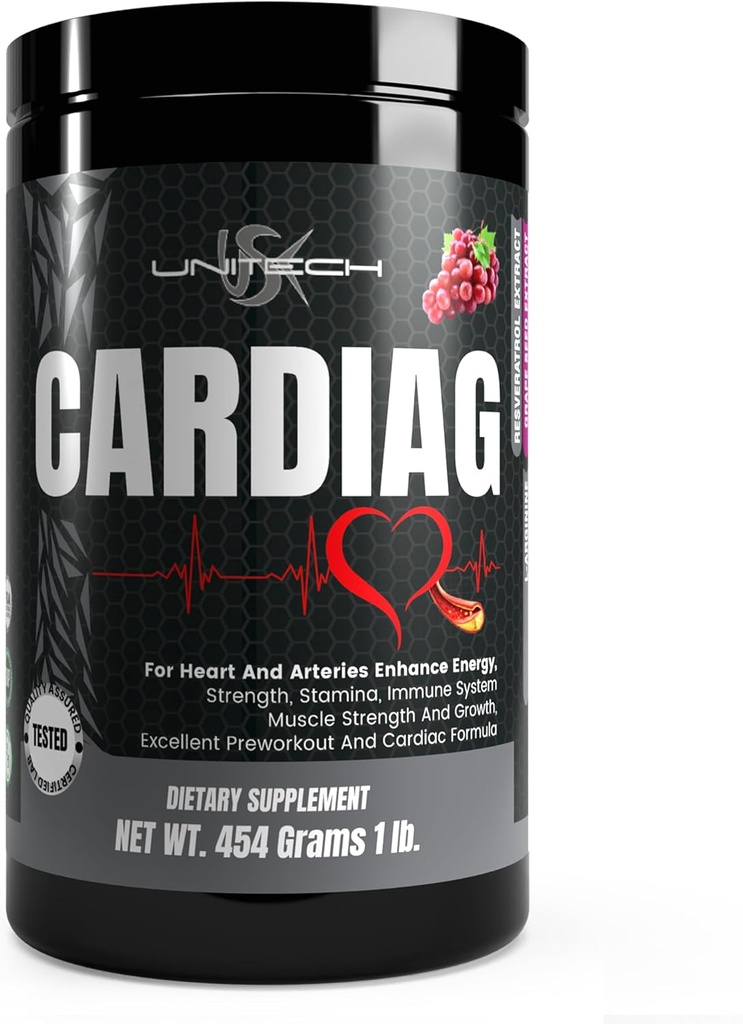 Unitech USK Cardiag Grape Powder – Suplemento Natural com L-Arginina, L-Citrulina, Extrato de Sementes de Uva, Resveratrol e Coenzima Q10 – Sabor de Uva, 16 onças