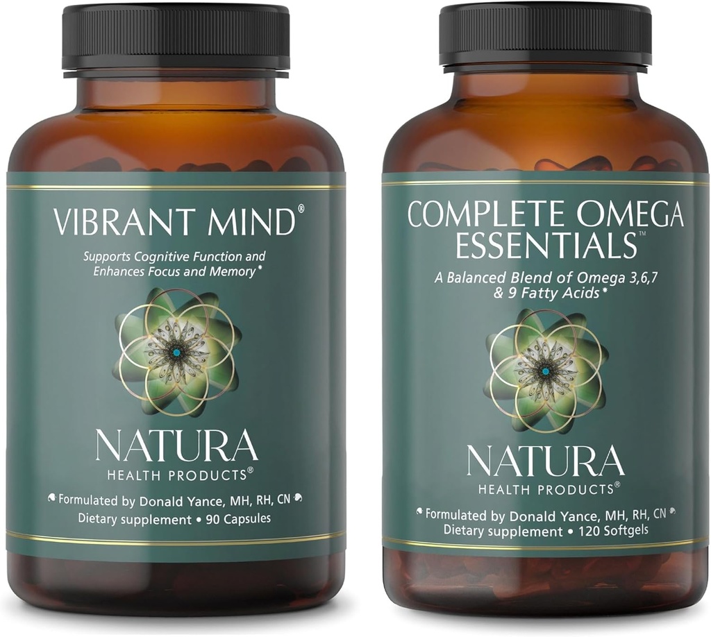 Produtos Natura Saúde Mente Vibrante e Completa Omega Essentials Suplemento Bundle - Suplemento Nootrópico do Cérebro para Memória e Foco - Mistura Equilibrada de Ómega 3, 6, 7, & 9 Ácidos Gordos