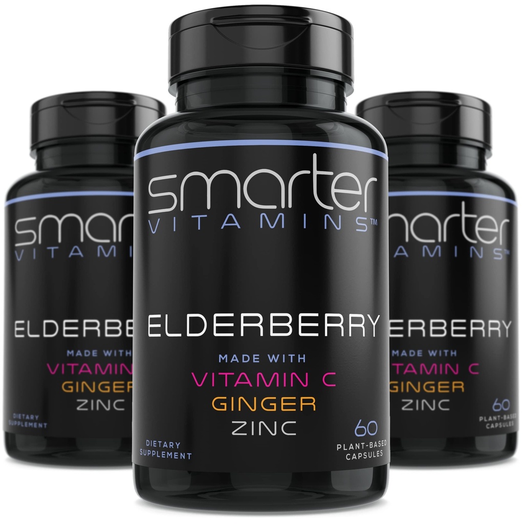 (3 Pack) Elderberry cápsulas mais inteligentes + Vitamina C + Ginger & Zinco, Suplemento de ervas, Poderoso Black Elder Berry Extract Antioxidante Vitamina, 180 comprimidos Vegan