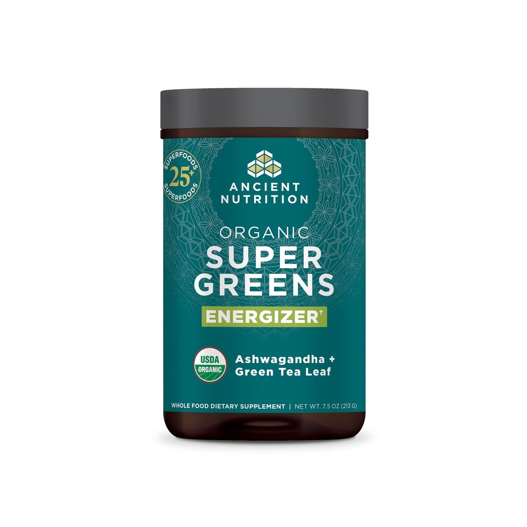 Nutrição antiga SuperGreens Energizer em Pó com Probióticos e B12, Feito de frutas, vegetais e ervas reais, para Digestivo, Destoxificação e Apoio Energético, 25 Servimentos