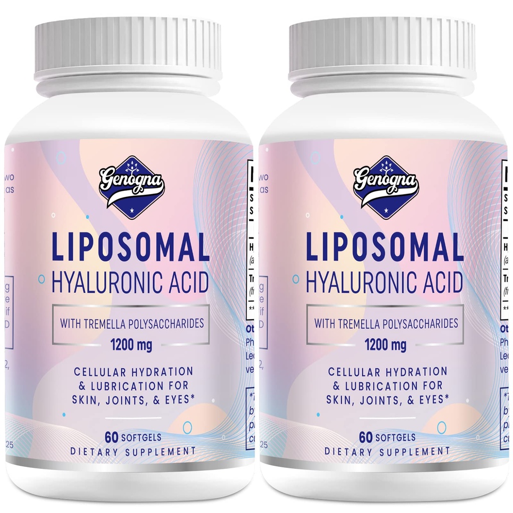 Suplementos de Ácido Hialurônico Lipossômico 1000mg-Alto Biodisponível Cápsulas de Ácido Hialurônico Dietário com 200 mg de Tremella Polissacarídeos para Hidratação dupla da pele, Lubrificação conjunta,2 embalagem
