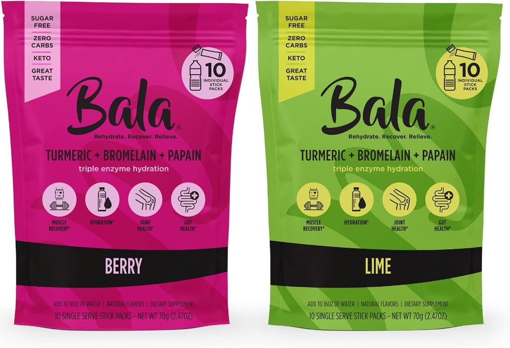 BALA Enzima America Powder Packets, Mistura de hidratação livre de açúcar para a saúde do intestino, Suporte imunológico, sabores naturais, 10 Pack