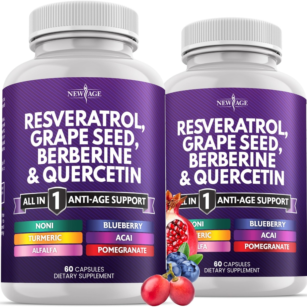 NOVA IDADE Resveratrol, Berberina, Extrato de Sementes de Uva, Quercetina, Suplemento de Polifenol para Mulheres e Homens com Extrato de Noni, N-Acetil Cysteine, Extrato de Acai - 120 Cápsulas