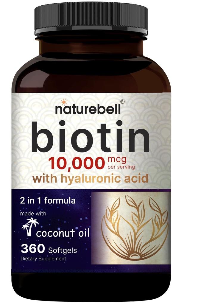 NatureBell Biotin 10000mcg + Ácido hialurônico 25mg 360 Óleo de coco Softgels, Suplemento de Biotina Premium para pele de cabelo e unhas *