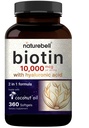 NatureBell Biotin 10000mcg + Ácido hialurônico 25mg 360 Óleo de coco Softgels, Suplemento de Biotina Premium para pele de cabelo e unhas *