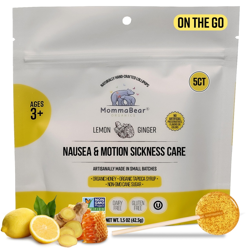 MommaBear Náusea & Motion Sickness Lollipops – Não-GMO Lemon & Ginger Candy for Náusea – Lollipops orgânicos para crianças 3+ e mulheres grávidas para aliviar Queasisness – Crianças Viagens Essenciais (5 Pack)
