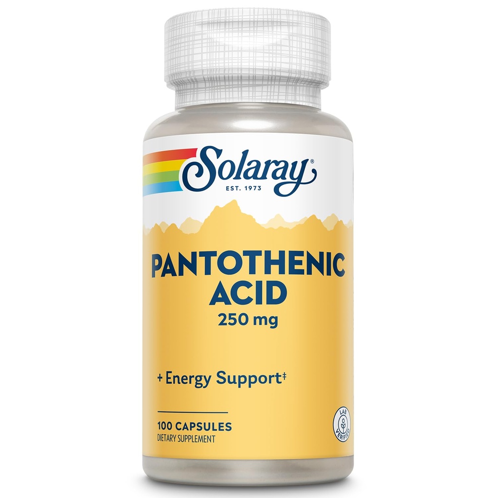 Ácido Pantotênico SOLARAY 250mg – Vitamina B5 – Metabolismo Energético, Cabelo, Pele, unhas e suporte digestivo
