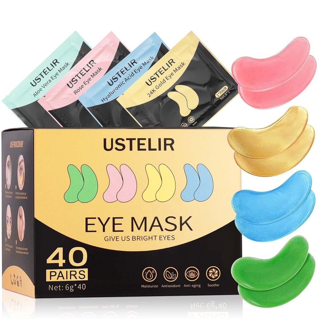 Sob remendos de olhos, 40 pares Máscara de olho para círculos escuros, Olhos Puffy, Sacos Undereye, rugas, Mascara de olho remendos com 24K de ouro, ácido hialurônico, Rosa e Aloe Vera, tratamento de olhos cuidados da pele para homens e mulheres presente