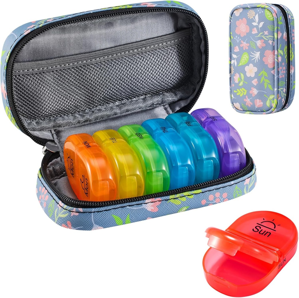Serfeymi Weekly Travel Pill Organizer 2 vezes um dia AM PM Upgraded Rainbow Pill Box 7 dia com Zipper portátil PU Couro Pill Case, Medicina Organizador para pílulas, vitaminas, óleo de peixe - Floral 02
