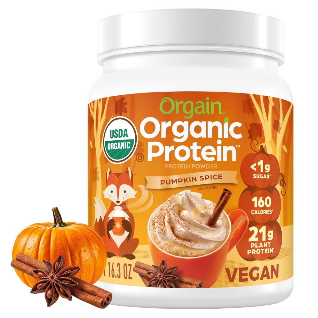 Orgain Organic Vegan Protein Powder, Pumpkin Spice Sazonal Flavor - 21g de proteína vegetal, 5g de fibra prebiótica, Sem ingredientes de lactose, Sem açúcar adicionado, Não-GMO, Para batidos e smoothies, 1.02 lb