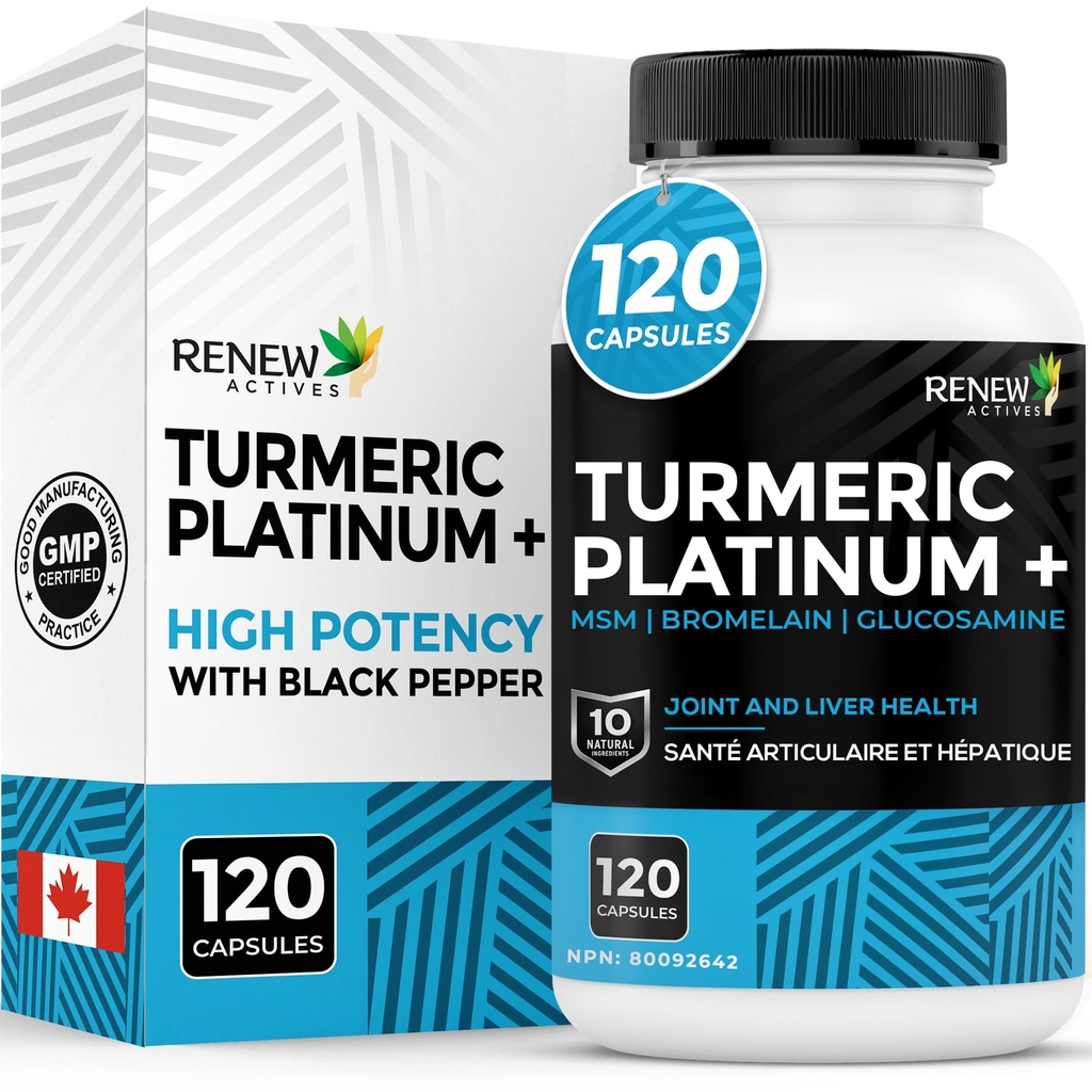 Renew Actives Turmeric Platinum 1350MG por 3 Cápsulas com Pimenta Preta e Ginger – Antioxidante, Fígado e Suporte Digestivo – Reduz a Inflamação e Aumenta a Imunidade – Feito no Canadá – 120 Cápsulas