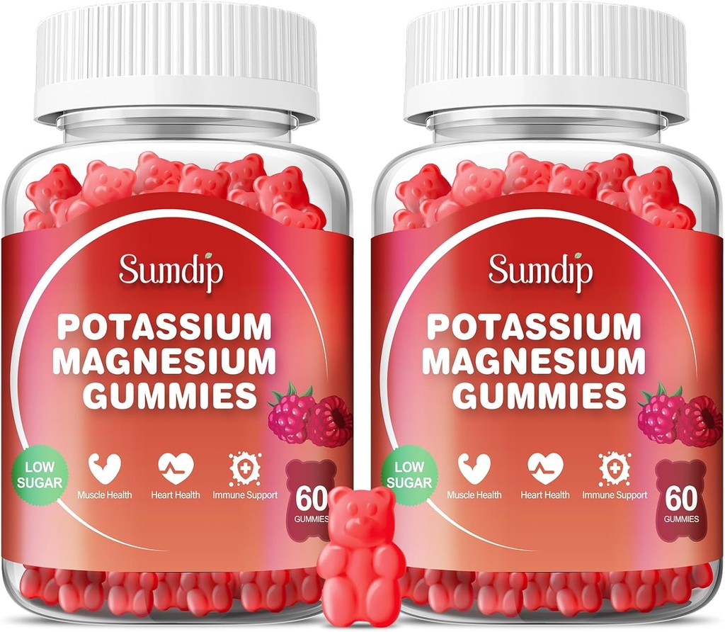 Magnésio pastilhas de potássio, Músculo & saúde do coração, Cães de pernas e sono, Suplementos de potássio Gummy Vegan não-GMO Gluten Free 60 chicletes-2 Pack, Framboesa
