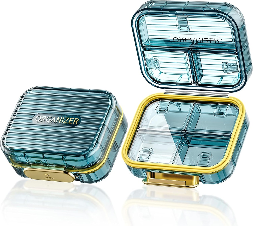Caixa de comprimidos pequena, caso de pílula de viagem, recipiente de pílula diária de Acedida para bolso de bolsa, suporte de pílula de 7 compartimentos à prova de umidade, elegante medicamento portátil Organizador de vitaminas para suplementos de óleo de peixe, azul