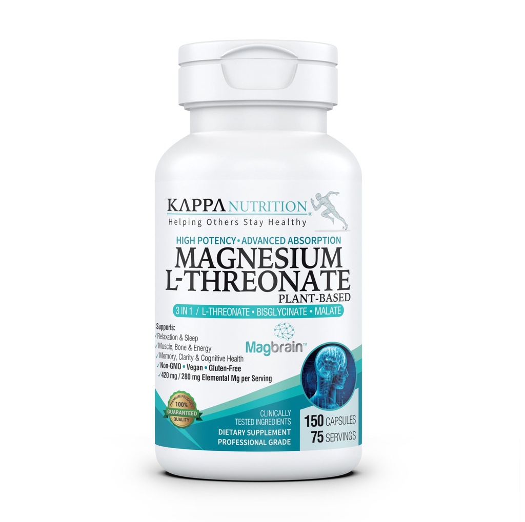 Kappa Nutrição Powered by MagbrainTM Magnésio L-Threonato Baseada em Planta, 420mg Magnésio Elemental (3 Cápsulas) de 2,253mg, 150 Cápsulas Vegan, Cérebro, Dormir & Apoio Músculo.