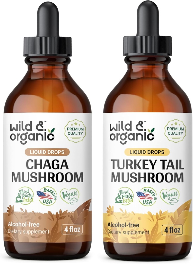 Tintura de cogumelos Chaga selvagem e orgânico 4 fl oz & Turquia Tail Mushroom Tintura 4 fl oz
