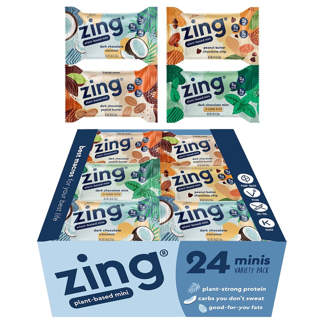 Zing Kids Protein Bars Variety Pack, Gluten Free 100 Calorie Mini Bares com alta proteína, Vegan Nutrition Bars, Dairy Free Plant Based Protein - 24 contagem