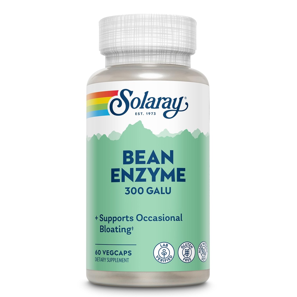 SOLARAY Bean Enzyme 300 GalU - Enzimas Digestivas Alpha Galactosidase para Mulheres e Homens - Suplemento de Saúde Digestiva - Suporta Bloating ocasional e alívio de gás para adultos - 60 Servings, 60 VegCaps