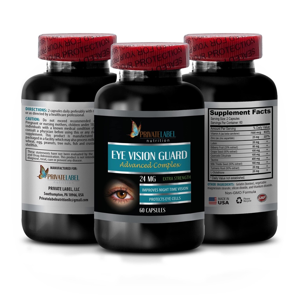 Vitaminas de visão com Lutein - Eye Vision Guard 24 MG - Complexo avançado, suporte de visão ocular, Suplementos de Lutein, Suplemento de vitamina A, Extrato de Açafrão, Extrato de Bilberry, Taurina, 1 Bot 60 Cápsulas