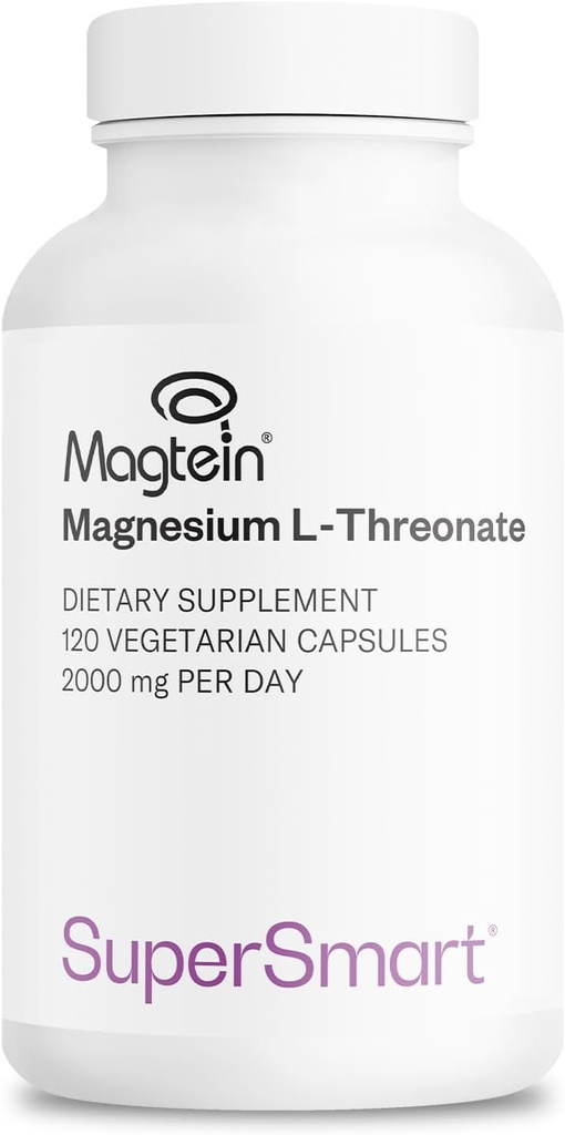 Super inteligente - Magnésio L-Threonato 2000mg por dia (Magtein) - Patenteado & Altamente Biodisponível Magnésio Threonato - Memória, Saúde do Cérebro e Atenção - Não-GMO & Gluten Free - 120 Cápsulas Vegetarianas