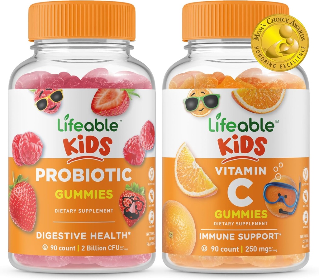 Probiótico vitalício 2 bilhões de UFC Crianças + Vitamina C Crianças, chicletes Bundle - Grande degustação, Suplemento Vitamina, Gluten Free, GMO Free, Mastigable Gummy