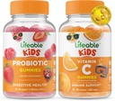 Probiótico vitalício 2 bilhões de UFC Crianças + Vitamina C Crianças, chicletes Bundle - Grande degustação, Suplemento Vitamina, Gluten Free, GMO Free, Mastigable Gummy