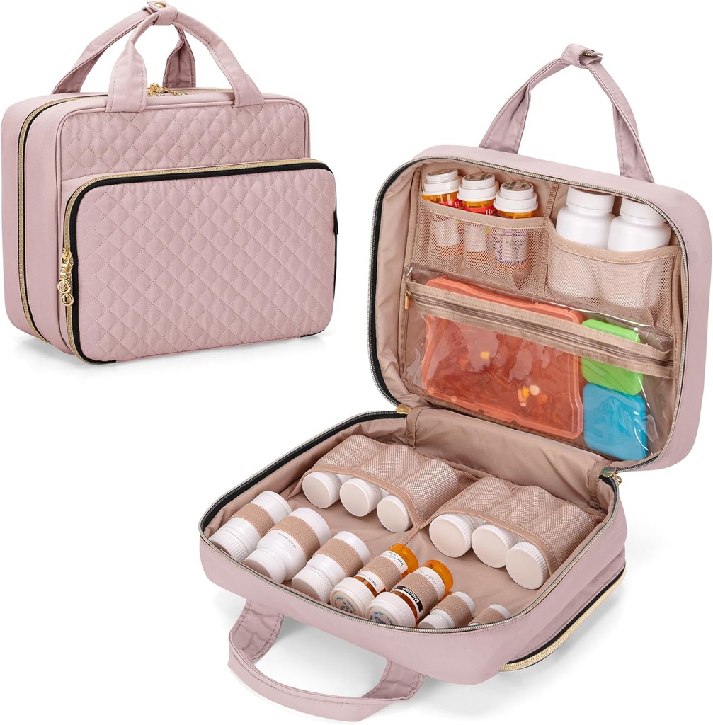 Damero Pill Bottle Organizer Bag, Organizador de sacos de medicina de viagem, Organizador de medicina e armazenamento para pílulas, vitamina, óleo de peixe, suplementos médicos para mulheres e homens, Misty Rose
