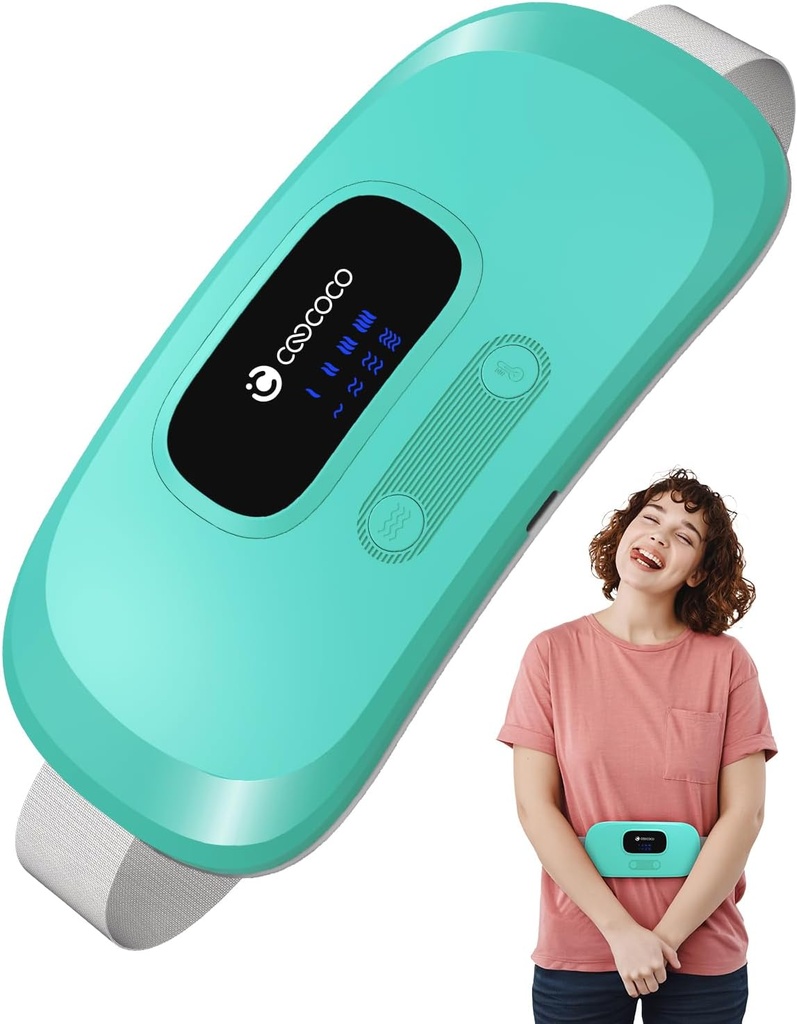 Almofada de aquecimento portátil CooCoCo para Cãibras de período, Cinto de cintura sem fio para alívio do crânio menstrual, 3S Pad de calor rápido com 4 níveis de calor e 4 modos de vibração, Presentes para as mulheres Menina, Verde