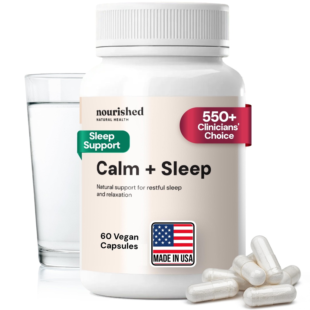Nutrido Natural - Calmo + Cápsulas para repouso profundo e relaxamento com Ashwagandha, Camomila, Extrato de Cereja Tart, Passionflower, L-theanina, & Magnésio - 60 Cápsulas