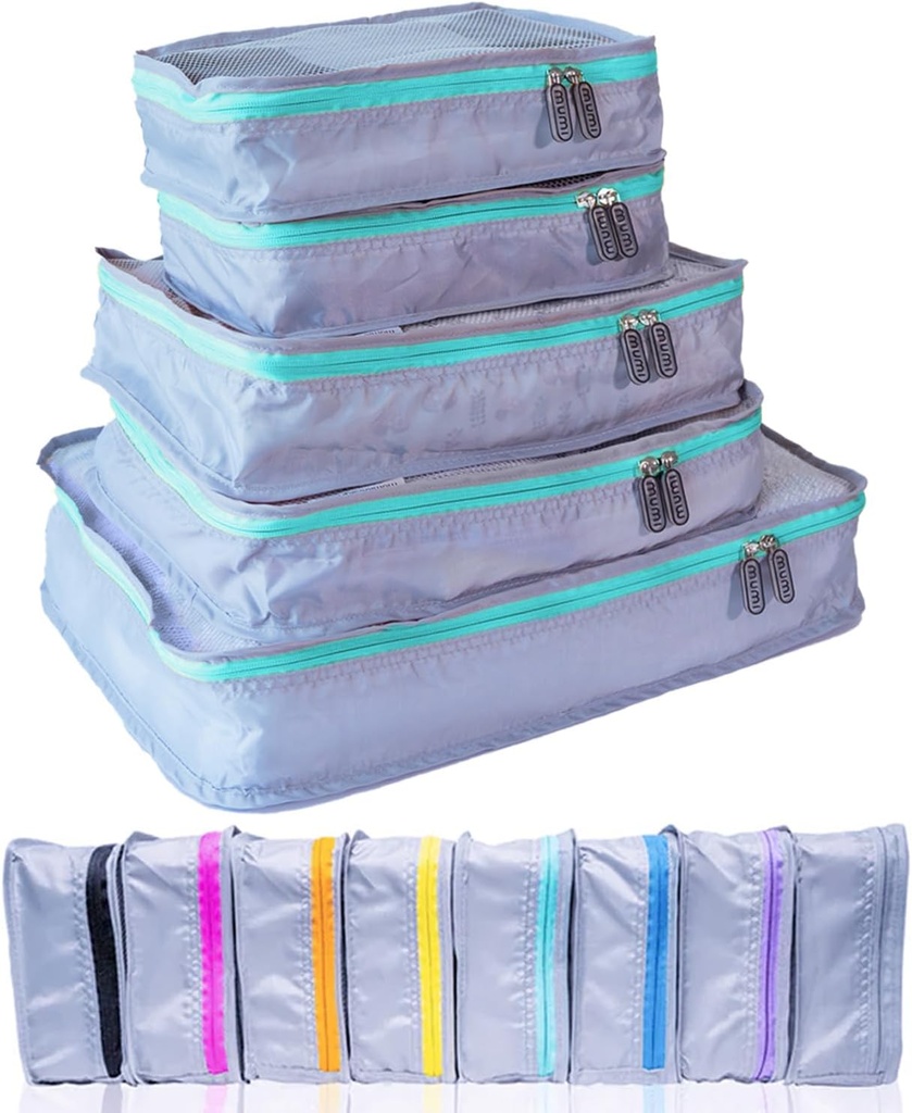 Cubos de embalagem MUMI – Cubos de embalagem de compressão 5-Piece para viagem, Organizadores de Bagagem para Malas, Sacos de transporte, Mochilas e Sacos de Duffel – Essentiais de viagem que salva espaço - Aqua