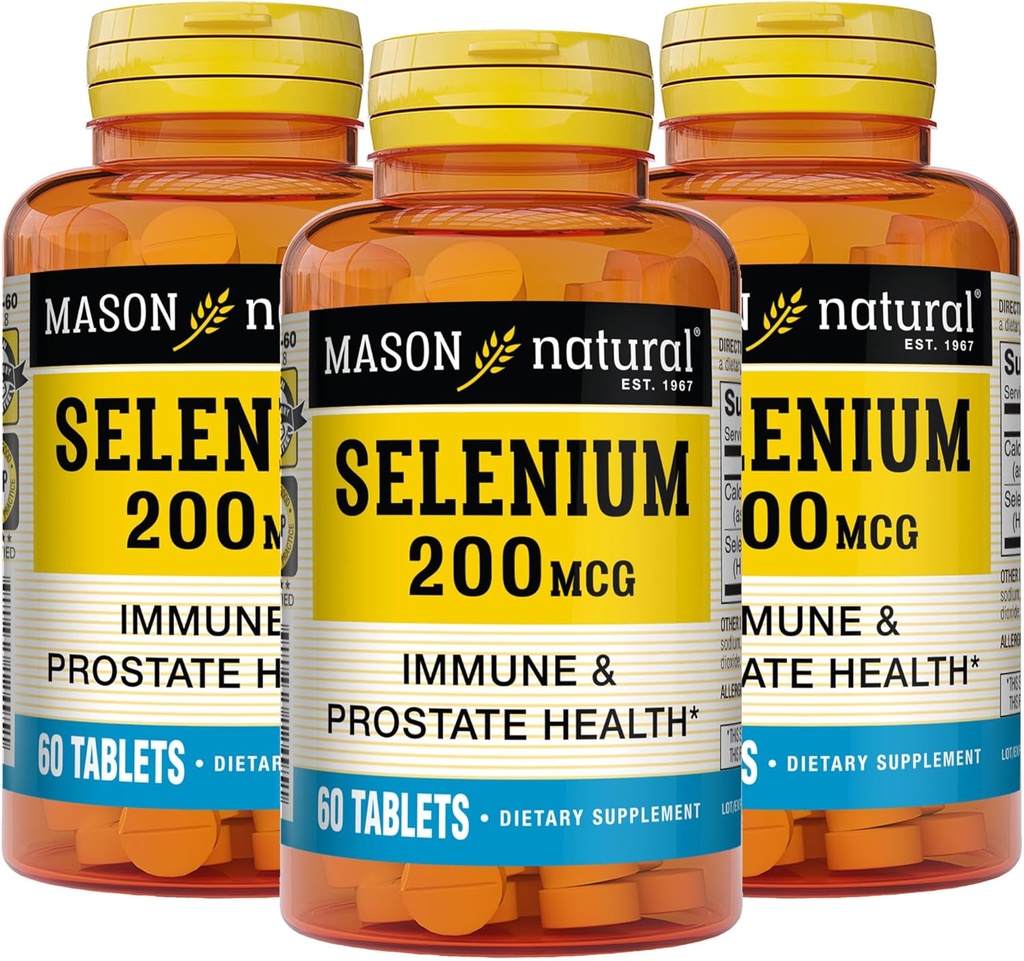 MASON NATURAL Selênio 200 mcg - Suplemento antioxidante para suporte imunológico e saúde da próstata, Essential Trace Mineral, 60 comprimidos (Pacote de 3)