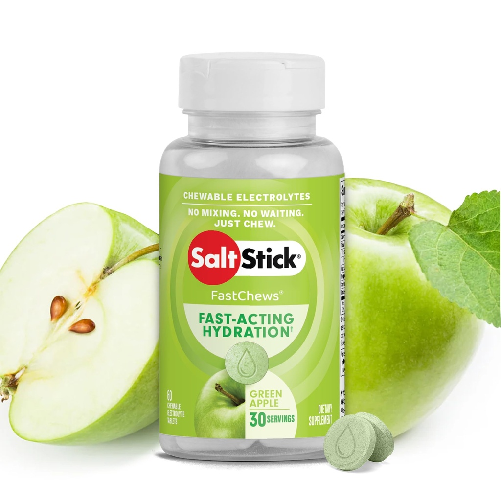 Eletrolítico SaltStick FastChews - 60 Eletrolíticos mastigáveis de maçã verde - Comprimidos de sal para corrida e hidratação, Eletrolítico Chews - 60 Contagem