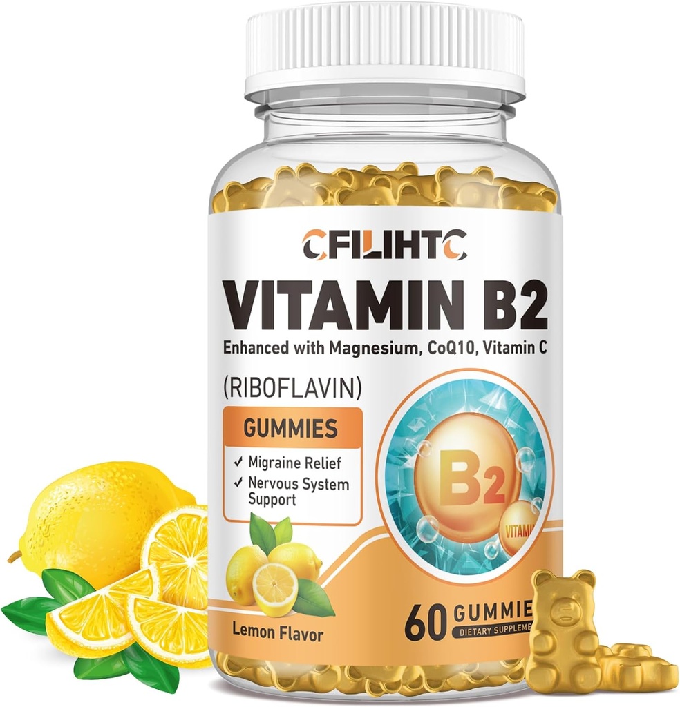 Vitamina B2 Gummies Riboflavina 400mg Suplemento para Crianças e Adultos - Glicinato de magnésio, Zinco, CoQ10, Vitamina B12 - Alivio de enxaqueca & Energia, Suporte do Sistema Nervoso, Açúcar Flavor de Limão Livre, 60ct