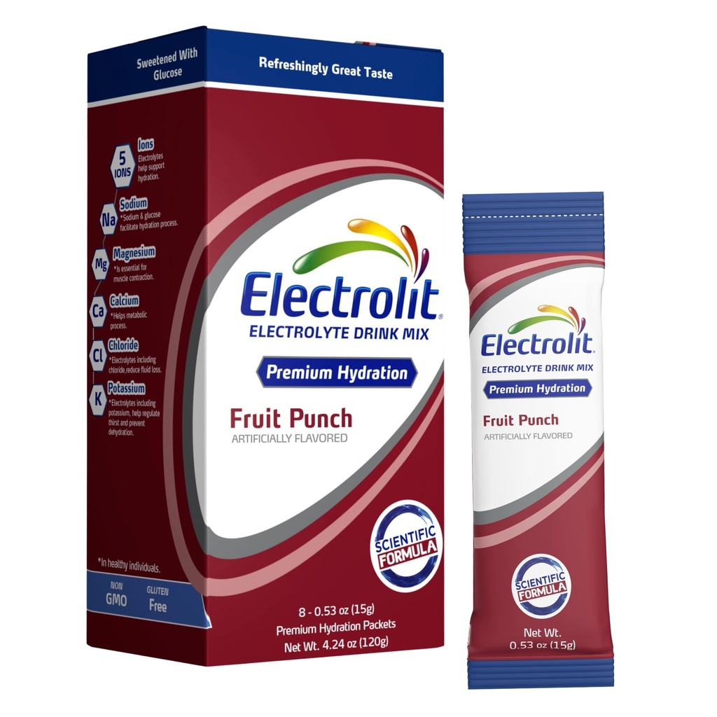 Eletrolitos eletrolitizados em pó pacotes, Fruit Punch 8 Pack, Pacotes de hidratação em pó para desidratação e reidratação, Pós-workout Flavored Hydrating Drink Mix, Gluten Free Daily Water Enhancer Sticks