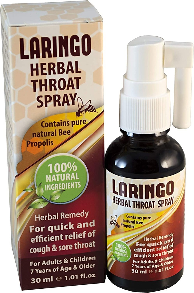 Pulverizador de Garganta de Laringo - Contém Puro 99% Raw Bee Propolis Extract - 100% Natural Garganta Remédio para Adultos e Crianças - Gluten Free, Quick Relief. Kosher - 1 FL Oz