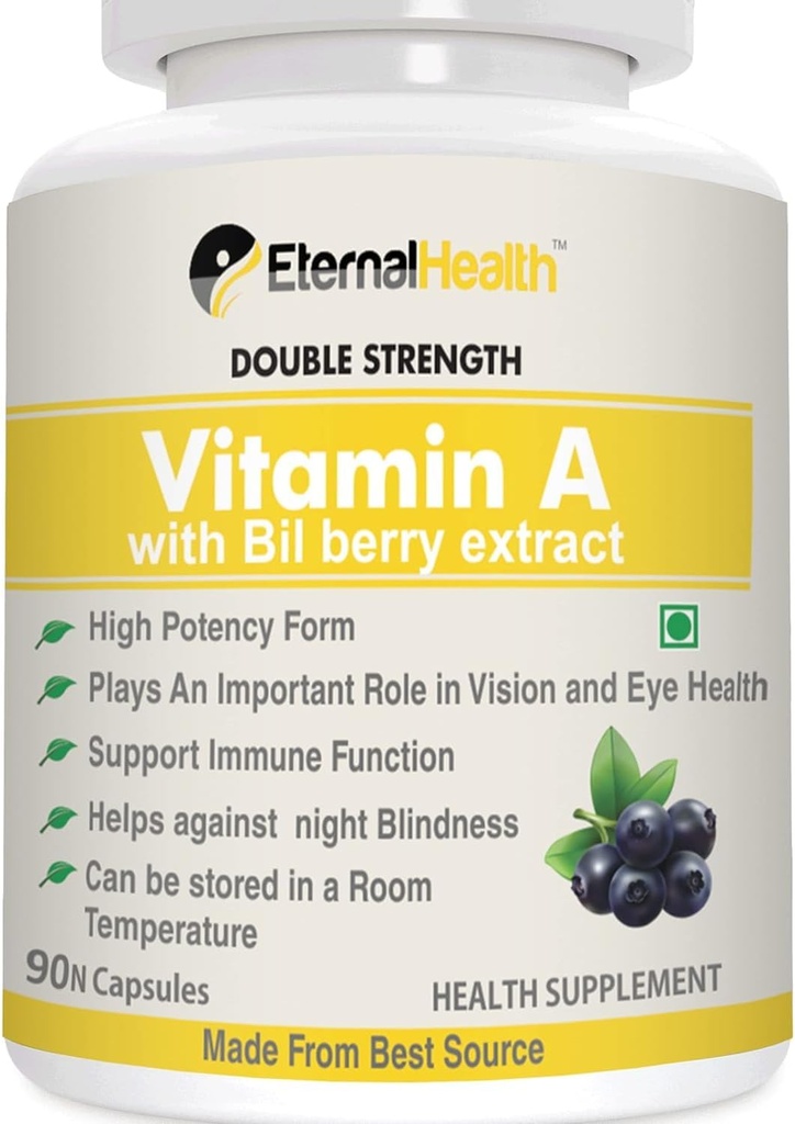 Eterna.l-Health Vitamina A (dupla força) com extratos de mirtilo e extratos de retinil Palmitate - Forma de alta potência - Suporta Visão saudável e sistema imunológico e crescimento saudável - 90 cápsulas de Veg