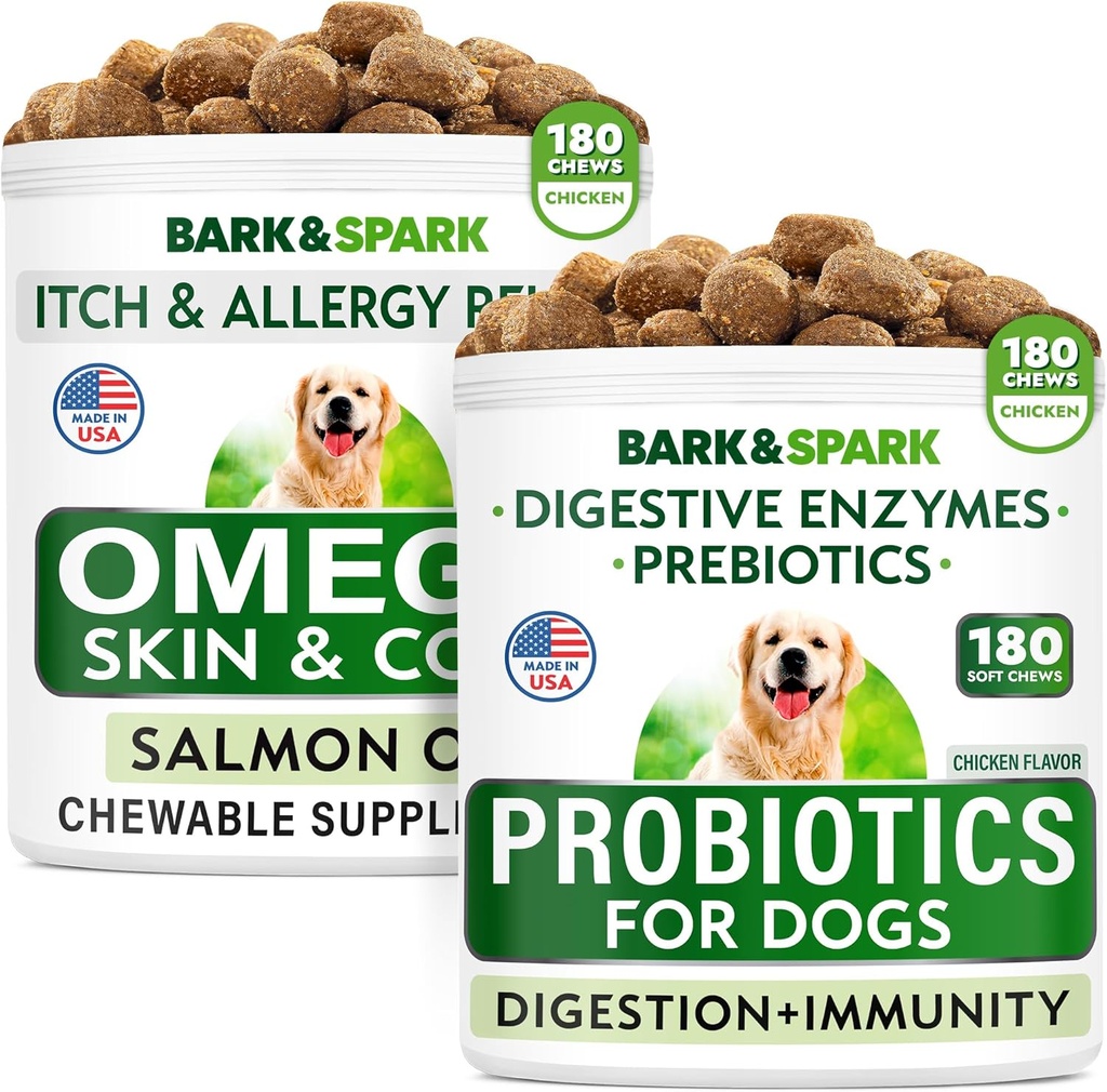 Cão Probióticos Mastiga + Ómega 3 para Dogs Bundle - Gás, Diarréia, Obstipação, Abandonado Estômago alívio + Alergia e Itch alívio - Enzimas Digestivas + Prebióticos + Ómega 3 - Suporte de Pele e Revestimento