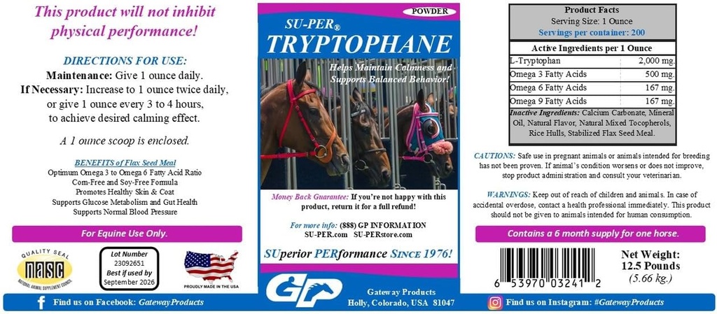 SU-PER Tryptophane Horse Calming Supplement - Mantenha a calma e suportes Comportamento equilibrado - 12,5 libras, 6 meses de fornecimento